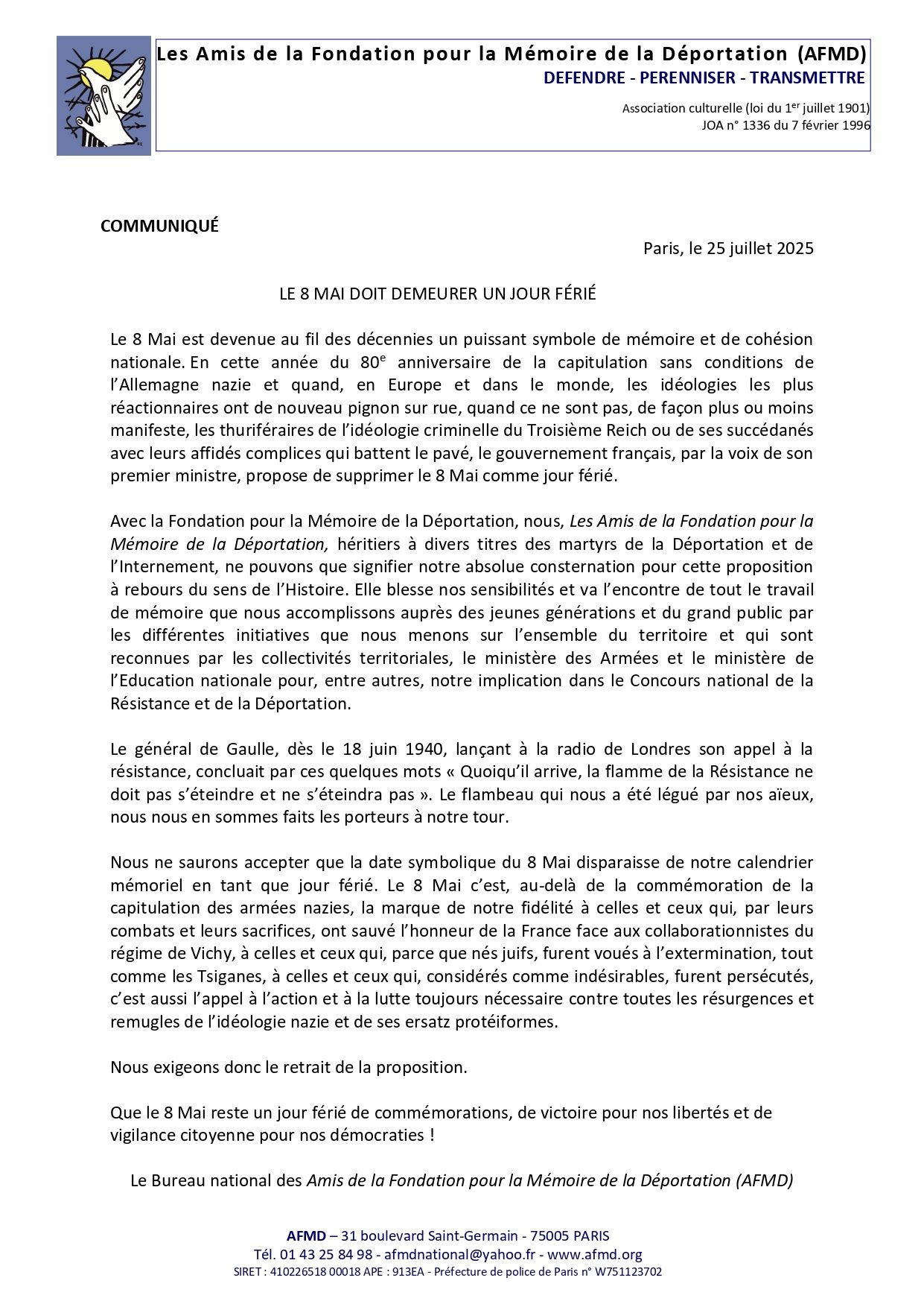 communiqué AFMD 8 mai ferie